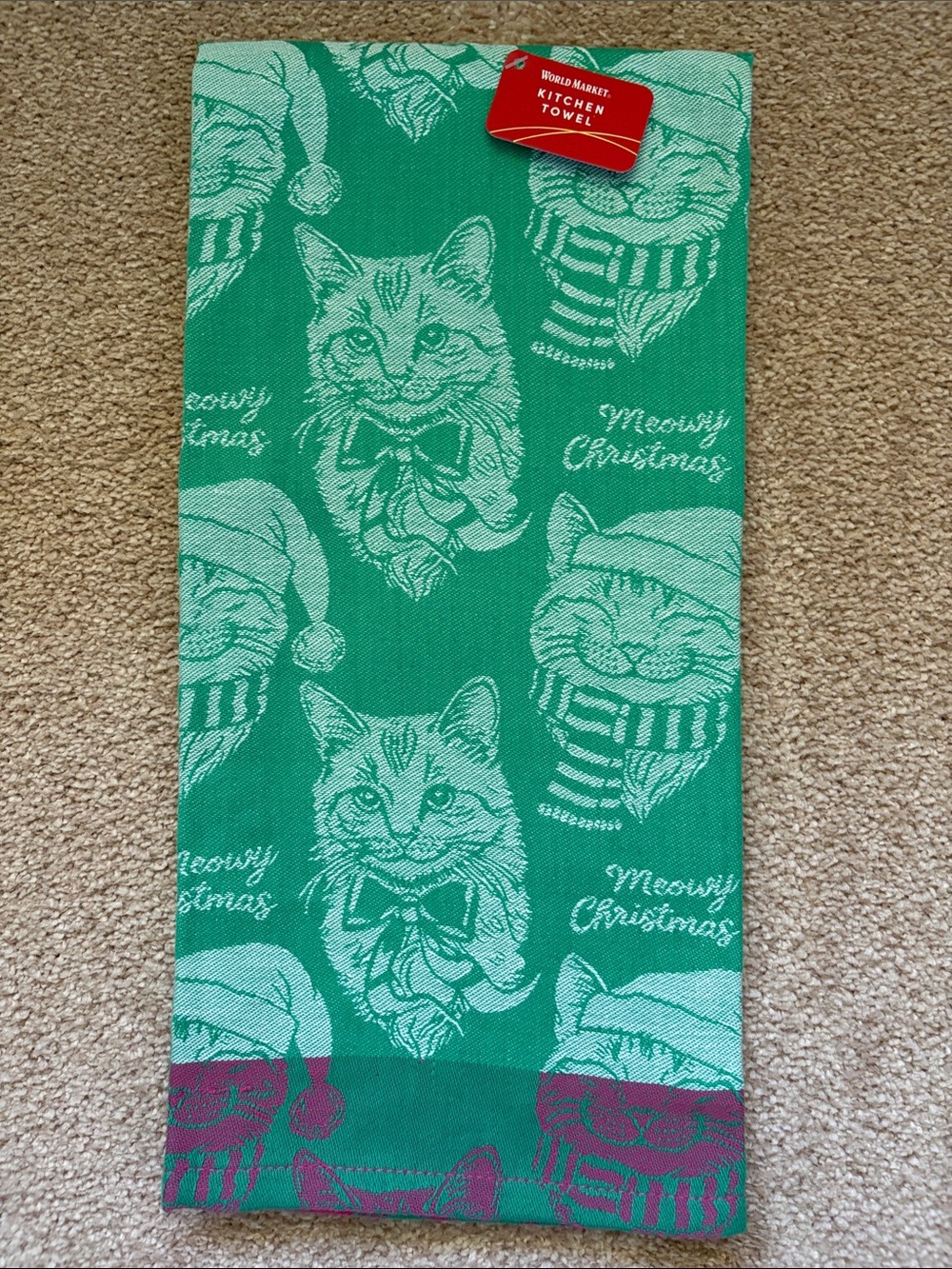 Cost Plus World Market green and white 'Meowy Christmas' cat towel
